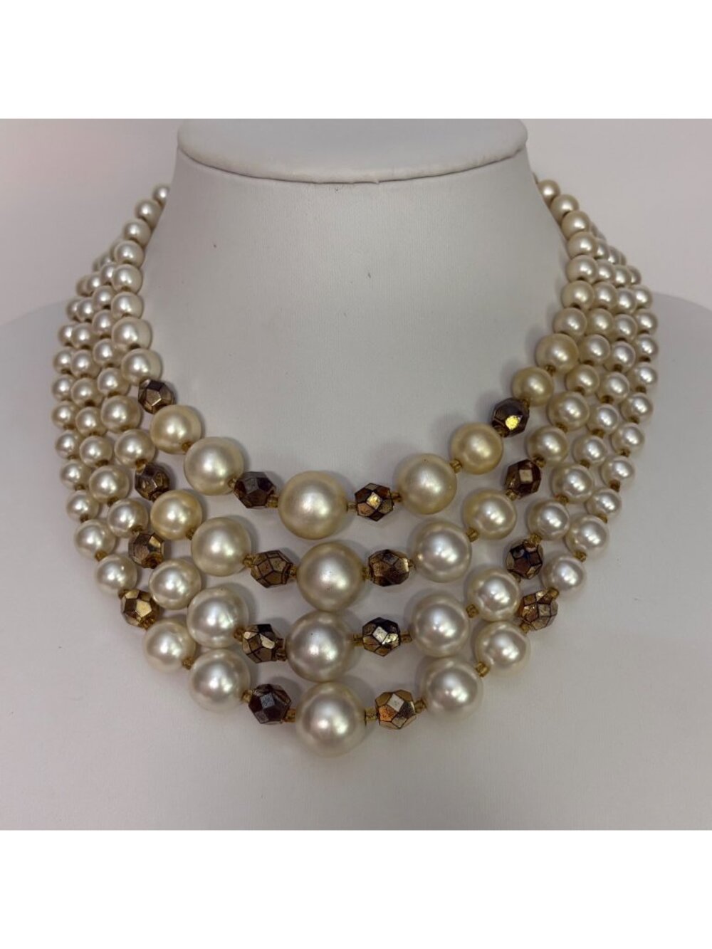 Vintage Multi-Strand Faux Pearl Gold Bead Necklace Japan 15-18" Elegant Classic
